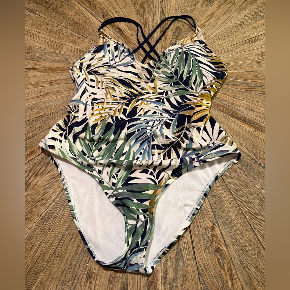 Hurley XXL one piece swimsuit tropical leaves botanical print crisscross  back